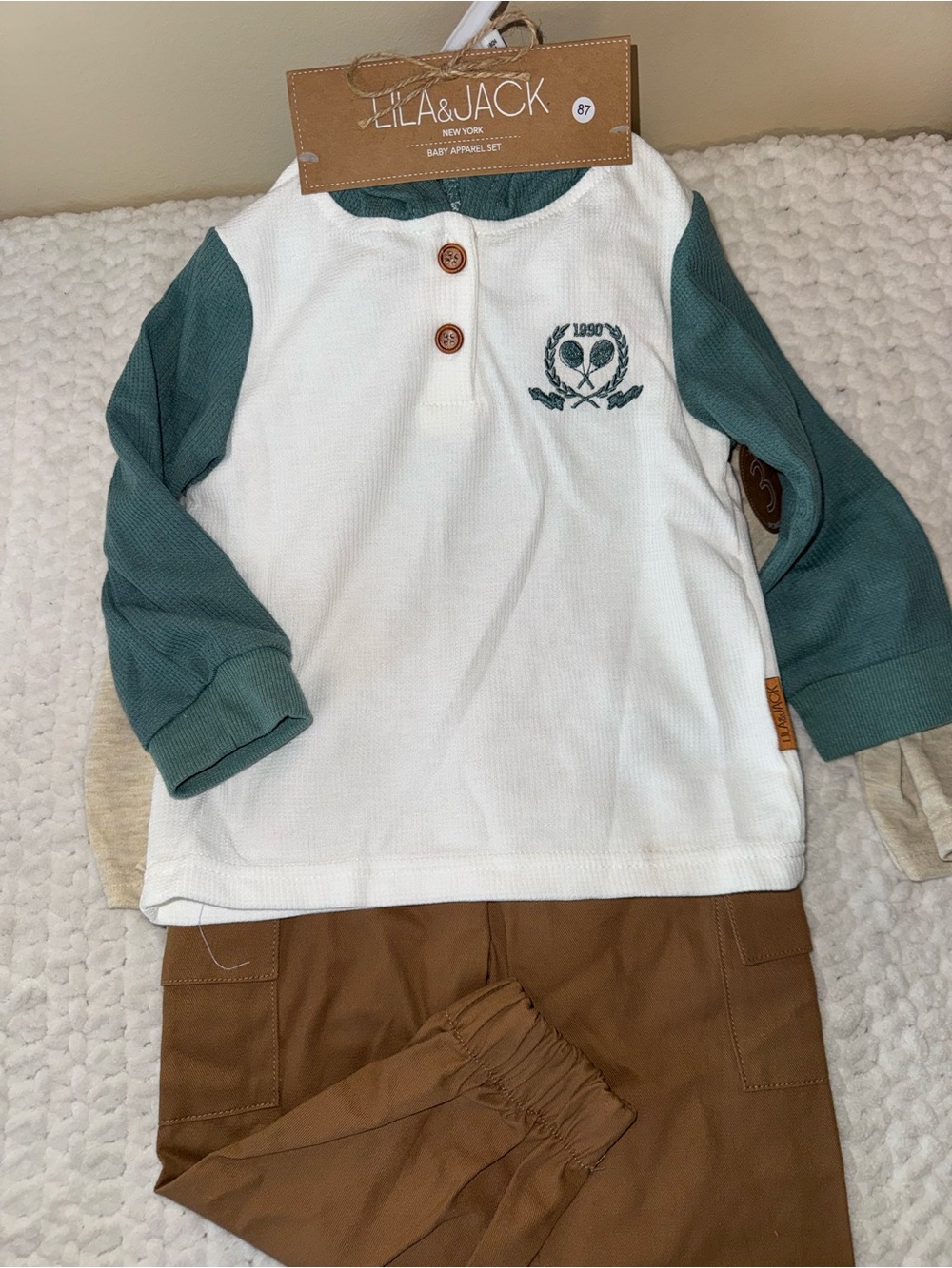 Lila & Jack White Henley Top with Green Raglan Sleeves three piece set